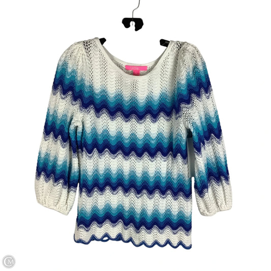 Sweater Cardigan Designer By Lilly Pulitzer In Blue & White, Size: L