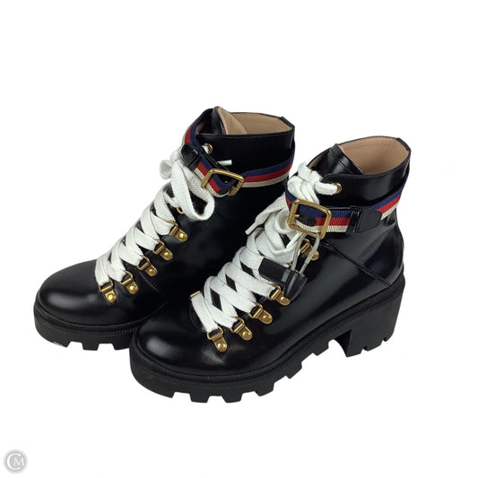 Boots Luxury Designer By Gucci In Black & White, Size: 36.5